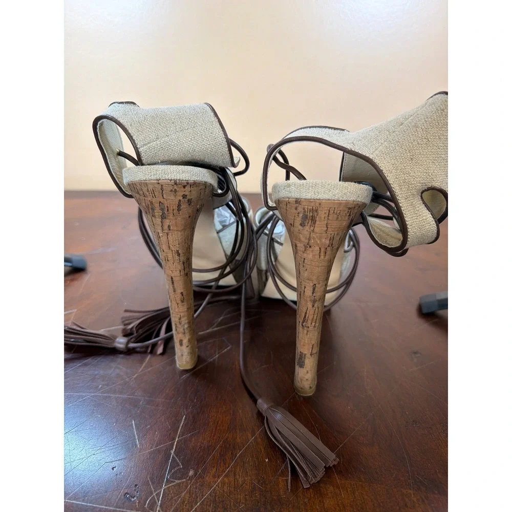 ShoeDazzle Linen Lace Up Tassel Platform Sandals Cork Stiletto‎ Heels Neutral 10